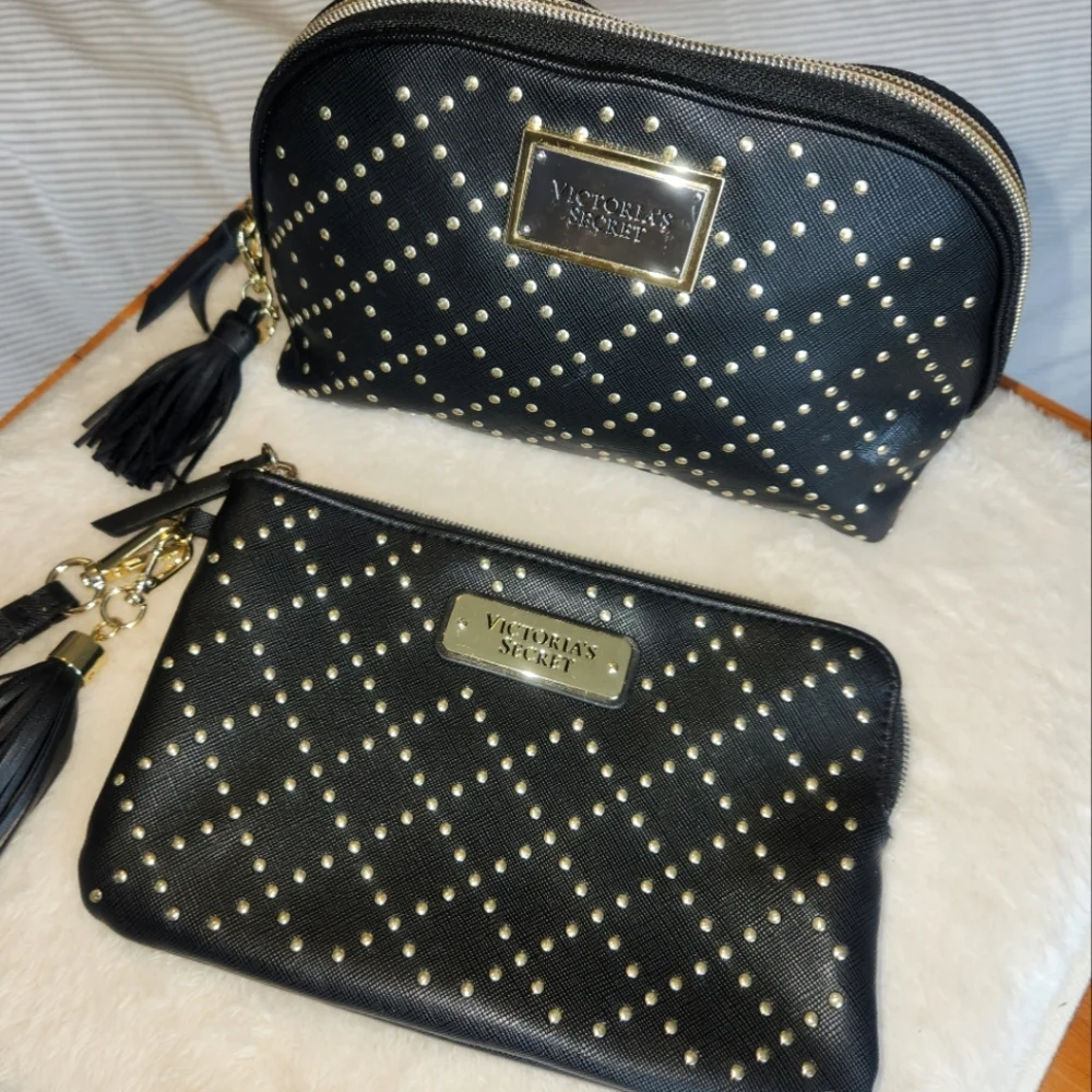 2 Pack! Victoria's Secret Studded Cosmetic Bag with matching Clutch Wristlet - Picture 2 of 8